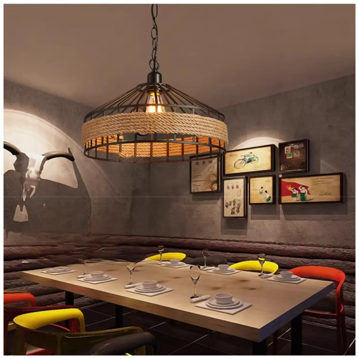 Lampa sufitowa z liny konopnej na łańcuchu - średnica 40 cm - obrazek 4