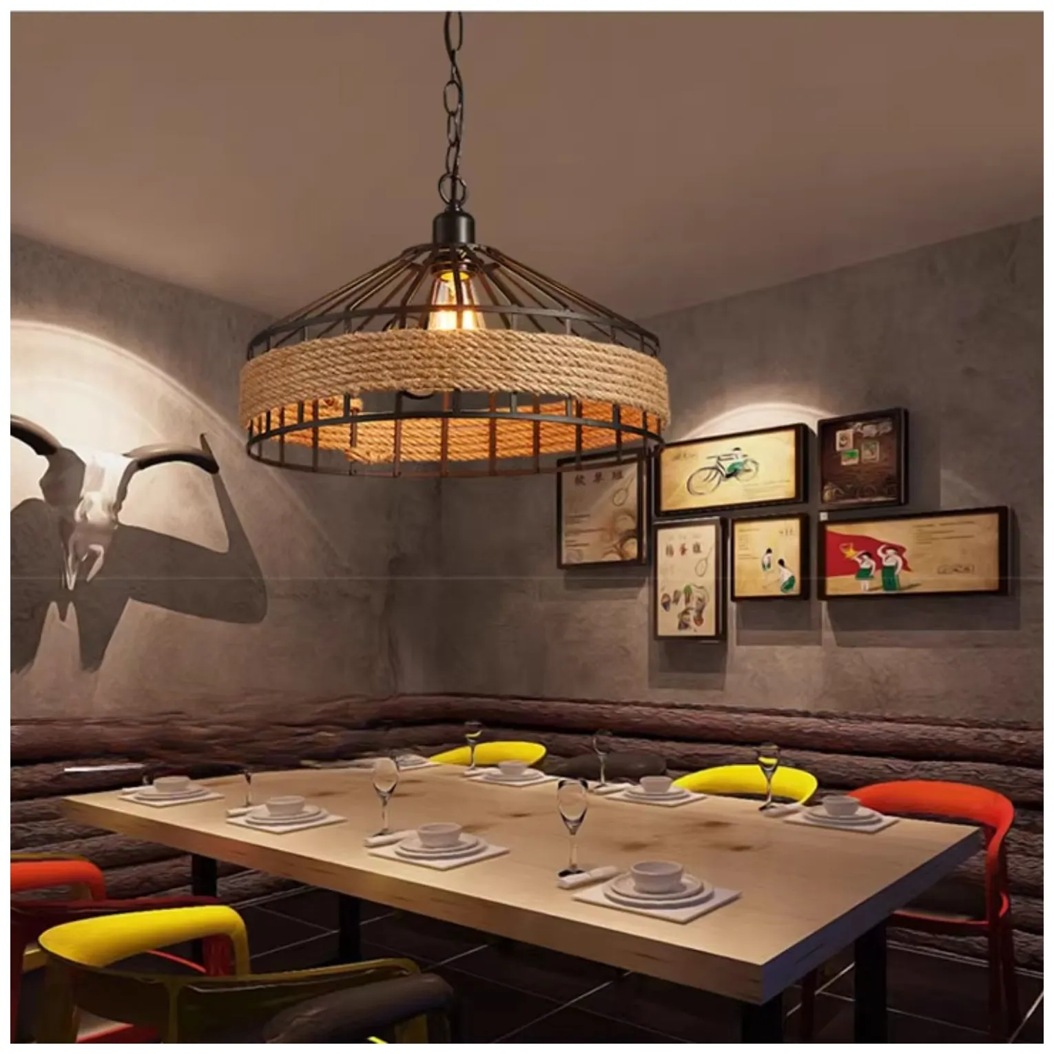 Lampa sufitowa z liny konopnej na łańcuchu - średnica 40 cm - obrazek 7