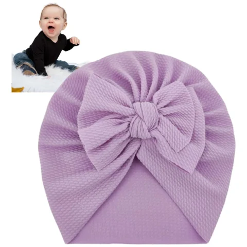 Fioletowy turban niemowlęcy z kokardką - modna czapka dziewczęca