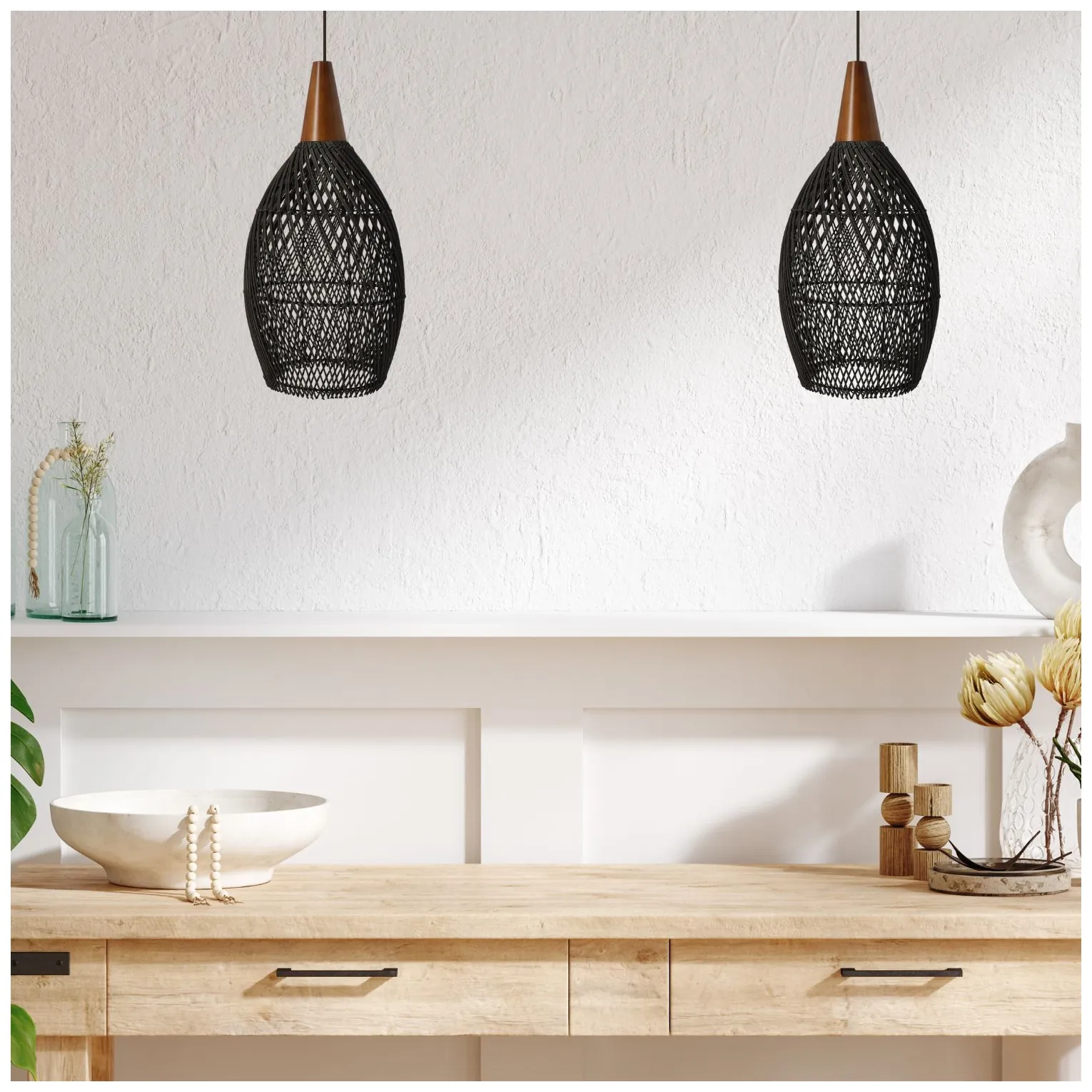 Rustykalna rattanowa lampa wisząca - 25cm (czarny kolor) - obrazek 2