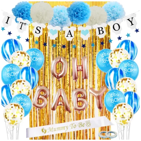 Zestaw balonów i rekwizytów Baby Shower chłopiec It's a Boy