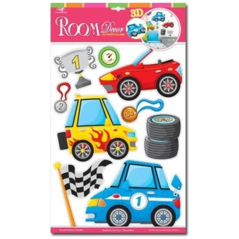 Dekoracja ścienna 3D Cars - Kolorowe naklejki na ścianę dla dzieci