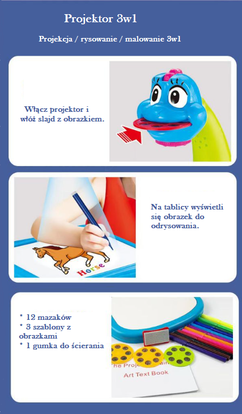 Niebieski dinozaur projektor do rysowania dla dzieci zabawka edukacyjna 3w1 - obrazek 7