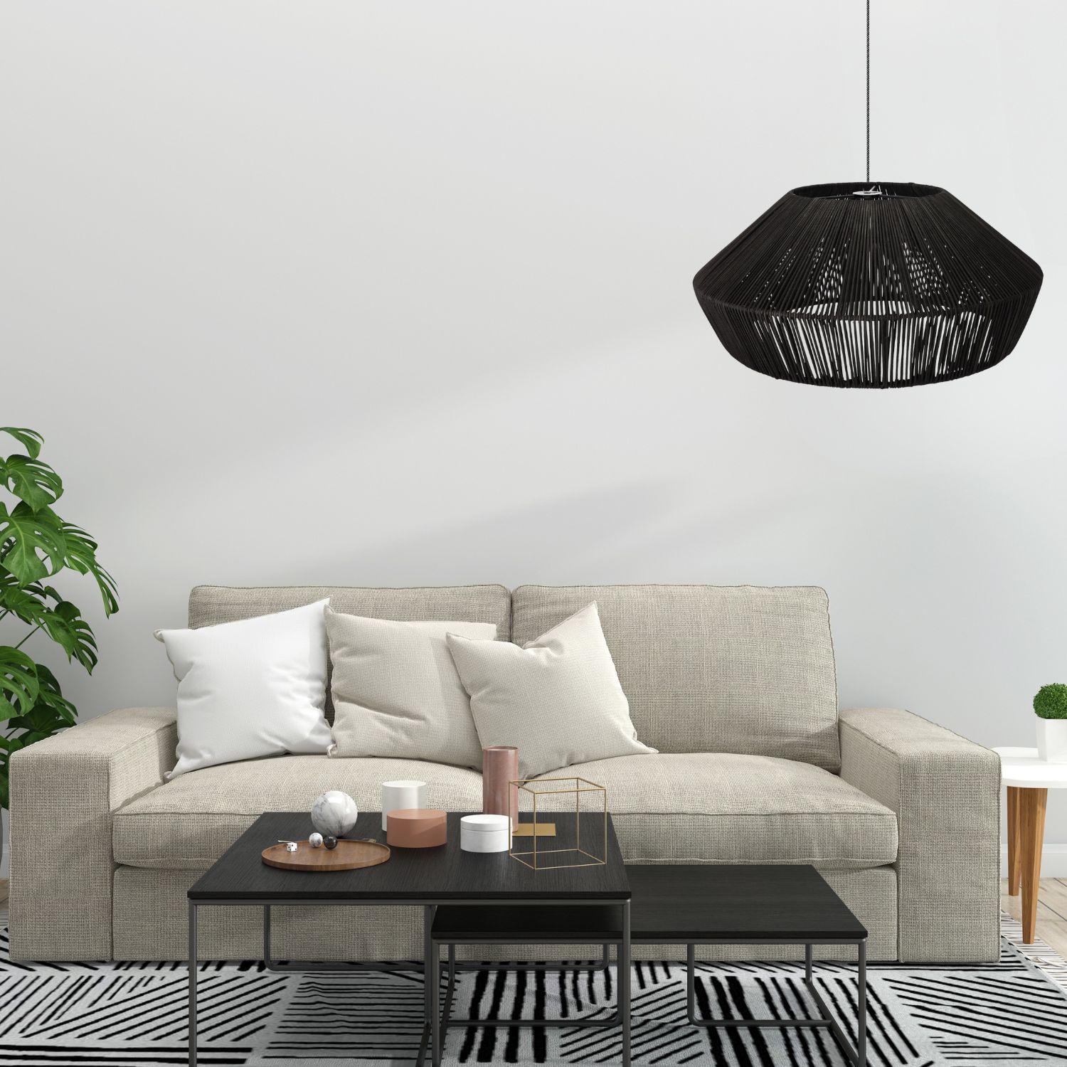 Wisząca lampa rattanowa czarna 50 cm - naturalna, okrągła, do salonu - obrazek 2