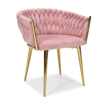 Krzesło Welurowe Różowe GLAMOUR – Złote Nogi Pleciony Nowoczesny