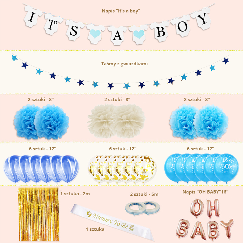 Zestaw balonów i rekwizytów Baby Shower chłopiec It's a Boy - obrazek 2