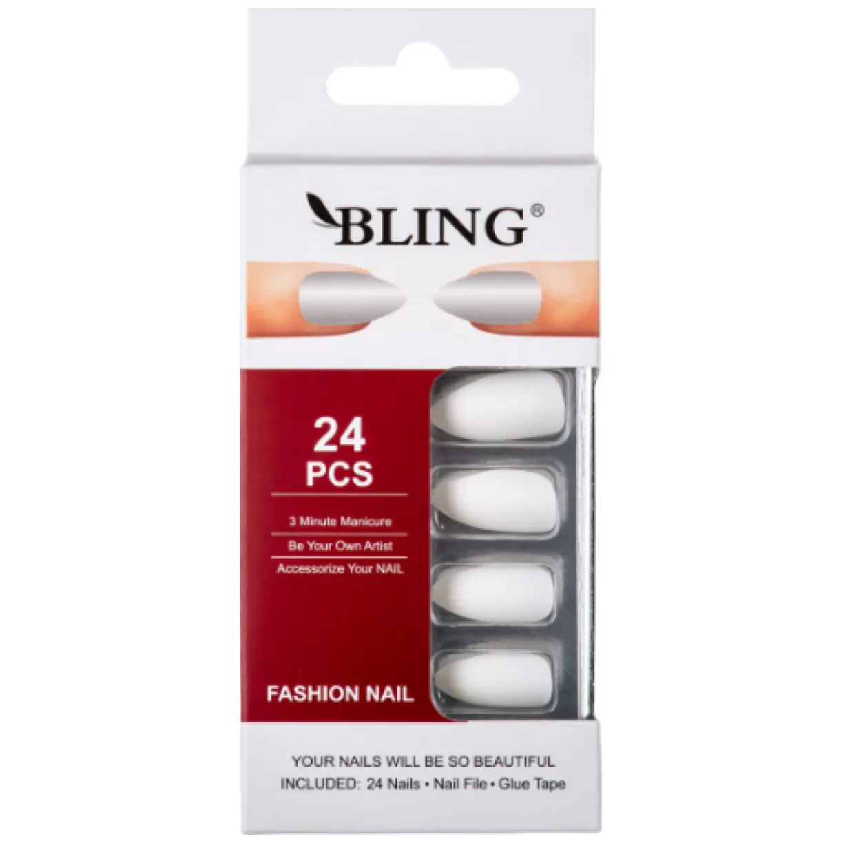 Sztuczne paznokcie, Tipsy BLING Fashion Nail (24 szt.) – białe, matowe