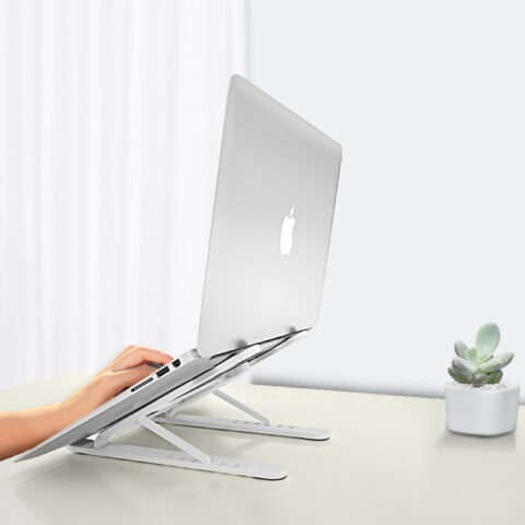 Biała składana podstawka pod laptopa z regulowanym kątem i chłodzeniem