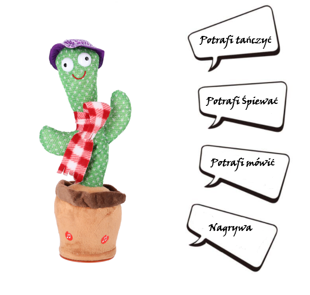 Zabawka dla dzieci - Tańczący kaktus - z czerwonym szalikiem w kratę i fioletowym kapeluszem - obrazek 2