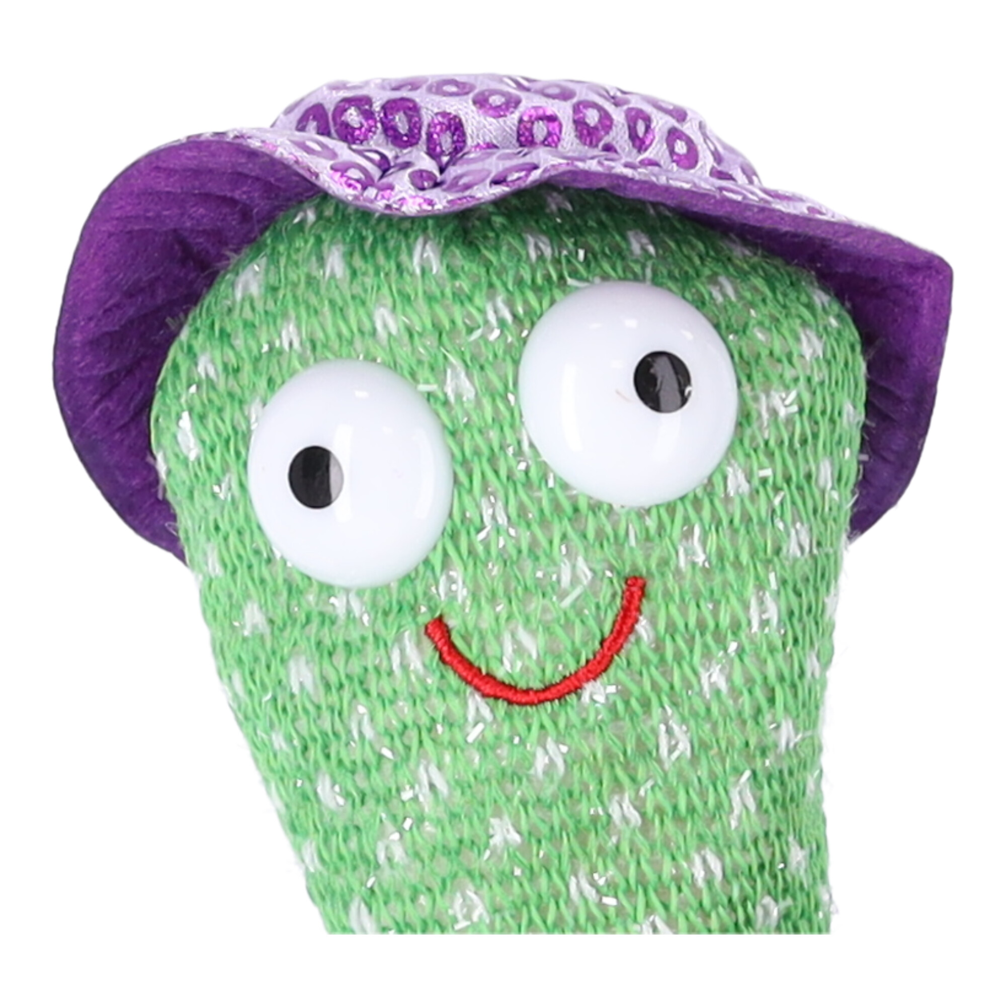 Zabawka dla dzieci - Tańczący kaktus - z czerwonym szalikiem w kratę i fioletowym kapeluszem - obrazek 5