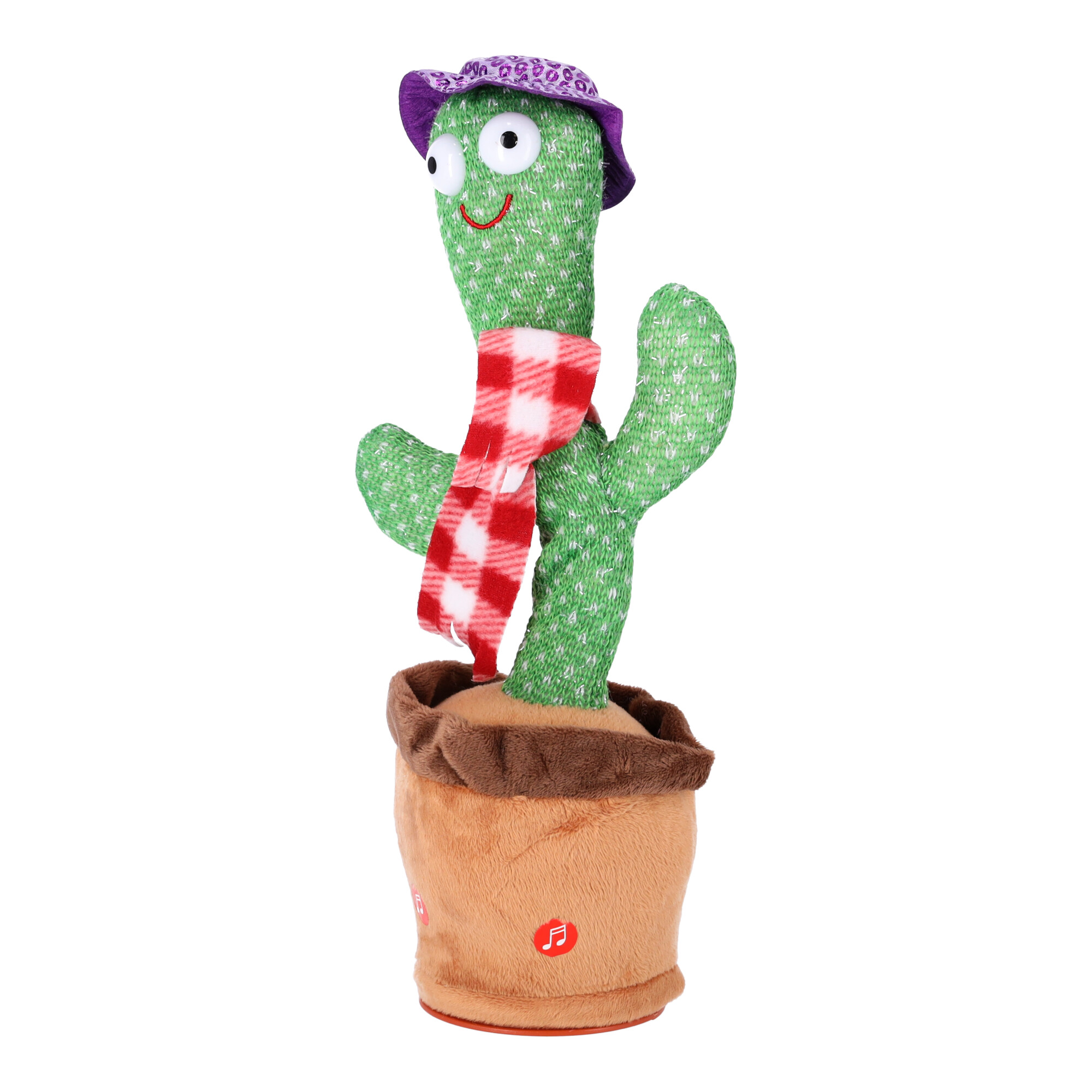 Zabawka dla dzieci - Tańczący kaktus - z czerwonym szalikiem w kratę i fioletowym kapeluszem - obrazek 6