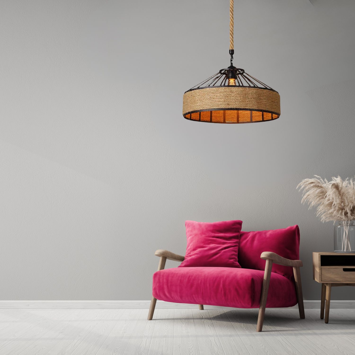 Lampa sufitowa z liny konopnej na oryginalnej jutowej linie - średnica 50 cm - obrazek 3