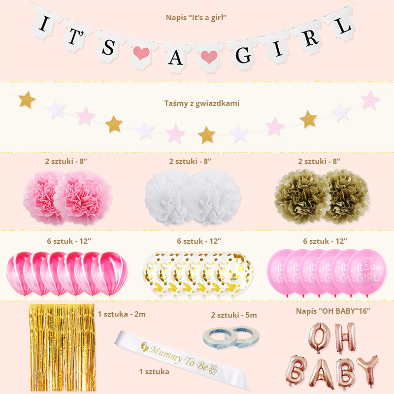 Zestaw balonów i dekoracji na Baby Shower dla dziewczynki It's a Girl - obrazek 2