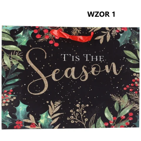 Świąteczna torebka na prezent Happy Holidays mix wzorów 42x12x31 cm