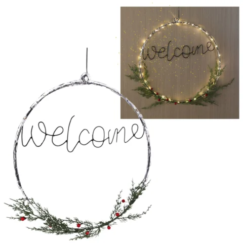 Wianek LED z napisem WELCOME czarny metalowy dekoracja na drzwi