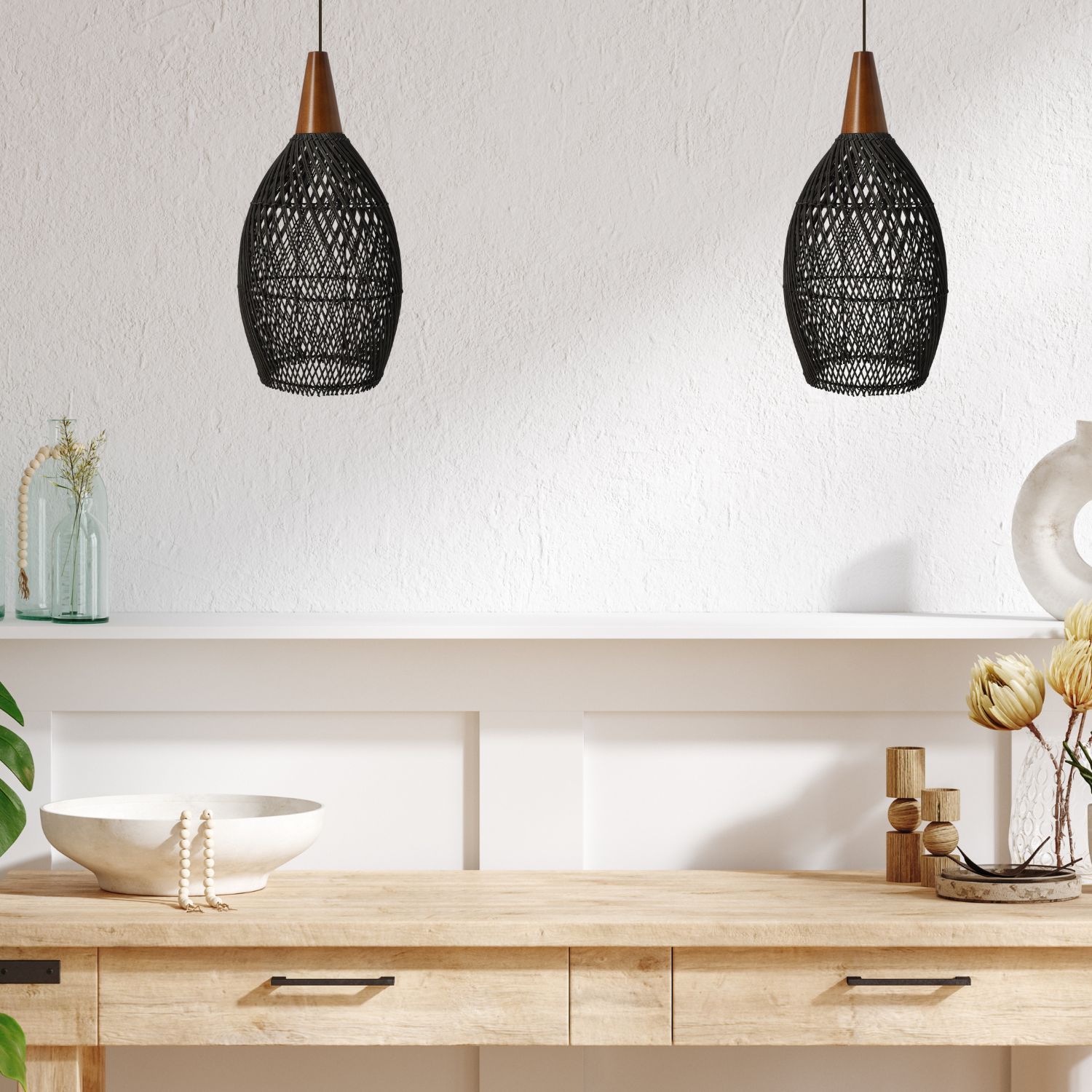 Czarna rattanowa lampa wisząca boho 25 cm - rustykalna, drewniana - obrazek 2