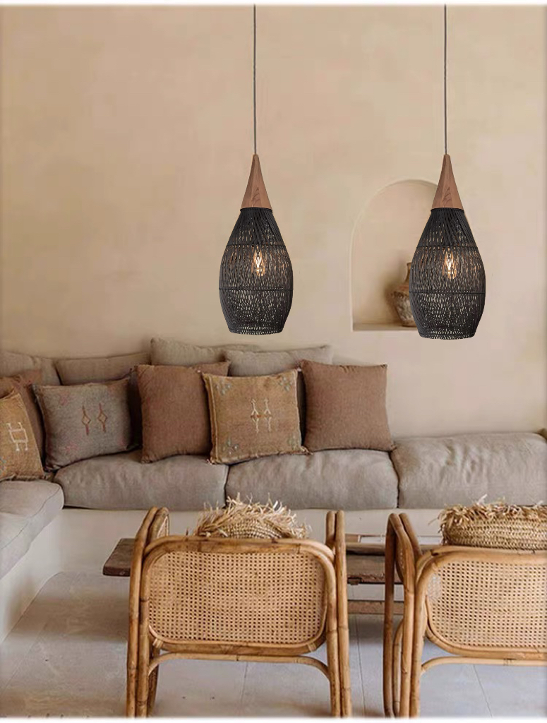 Czarna rattanowa lampa wisząca boho 25 cm - rustykalna, drewniana - obrazek 7