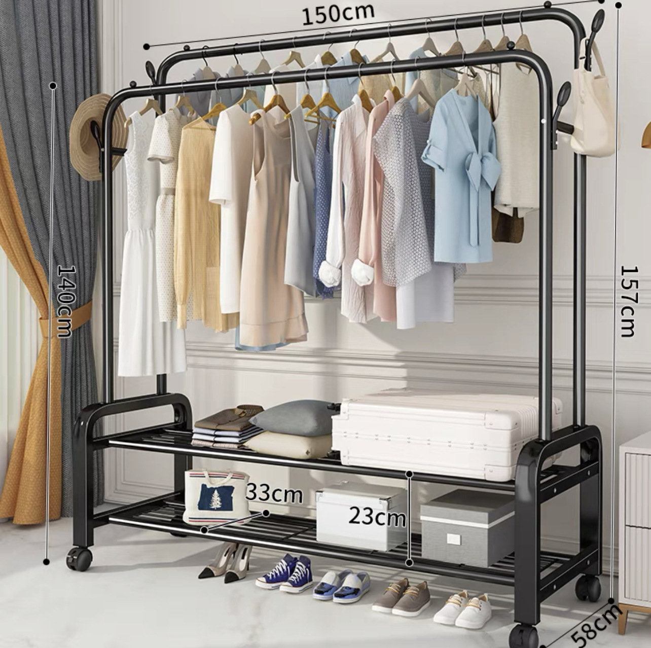 Podwójny wielofunkcyjny wolnostojący wieszak na ubrania 150x157 cm - czarny - obrazek 2