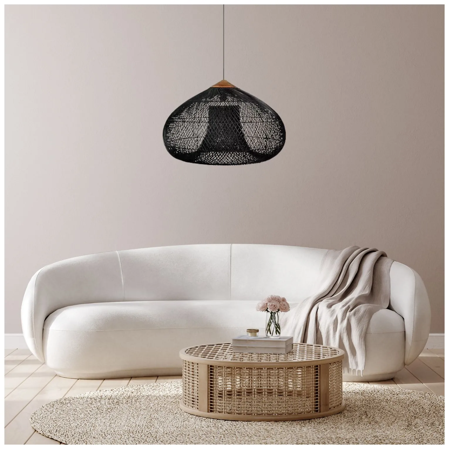 Wisząca lampa rattanowa czarna 50 cm - naturalna, do salonu i sypialni - obrazek 3