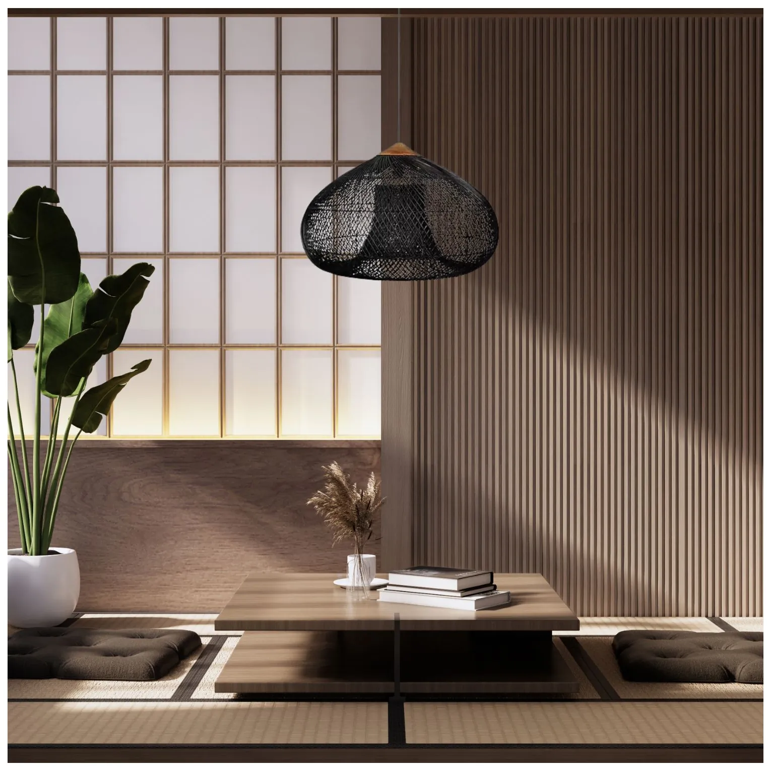 Wisząca lampa rattanowa czarna 50 cm - naturalna, do salonu i sypialni - obrazek 5