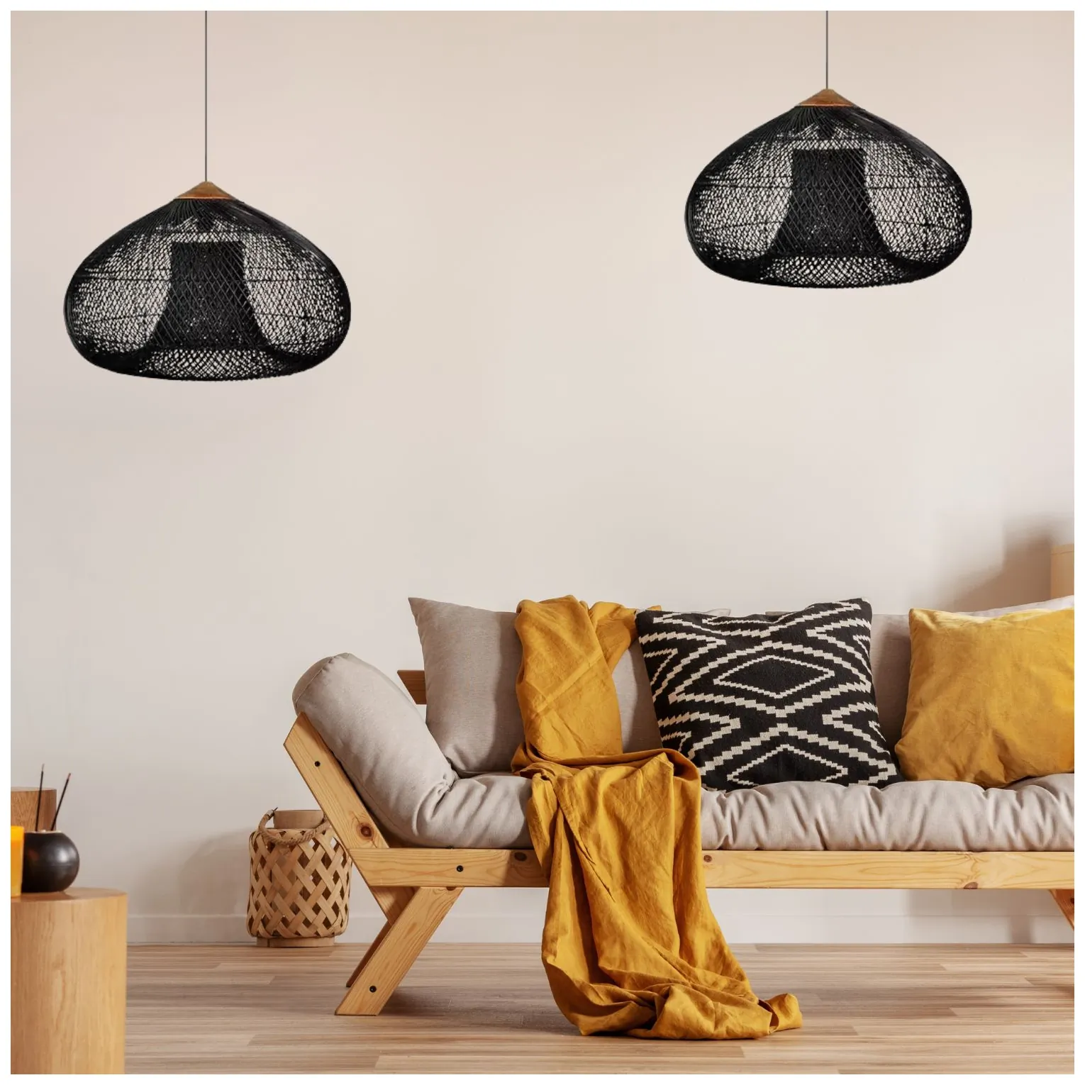Wisząca lampa rattanowa czarna 50 cm - naturalna, do salonu i sypialni - obrazek 7