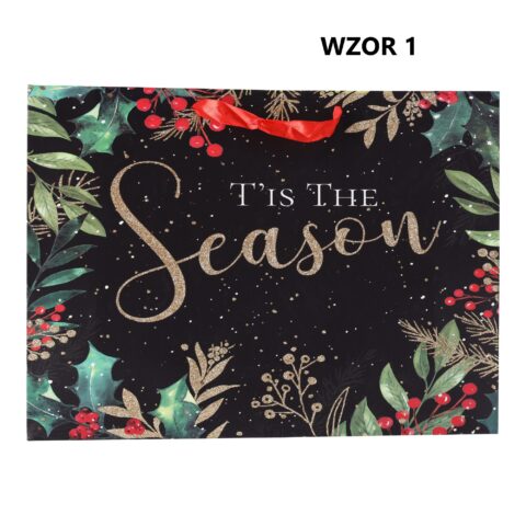 Świąteczna torebka na prezent Happy Holidays mix wzorów 42x12x31 cm