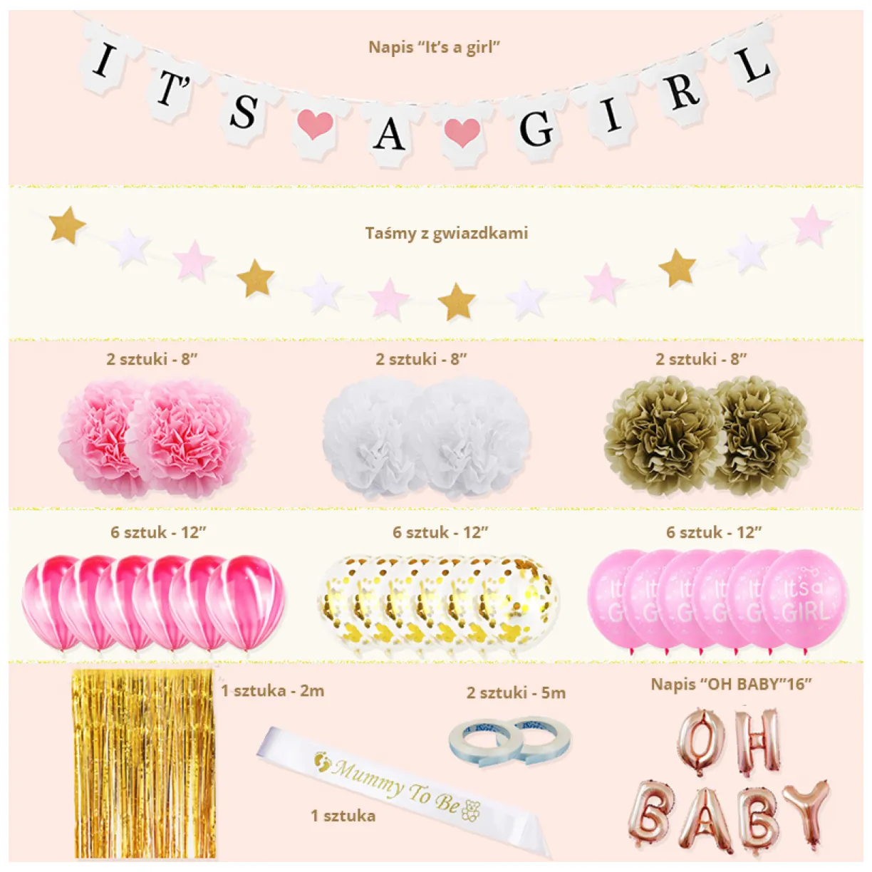 Zestaw balonów i rekwizytów na Baby Shower- "IT'S A GIRL" - obrazek 2