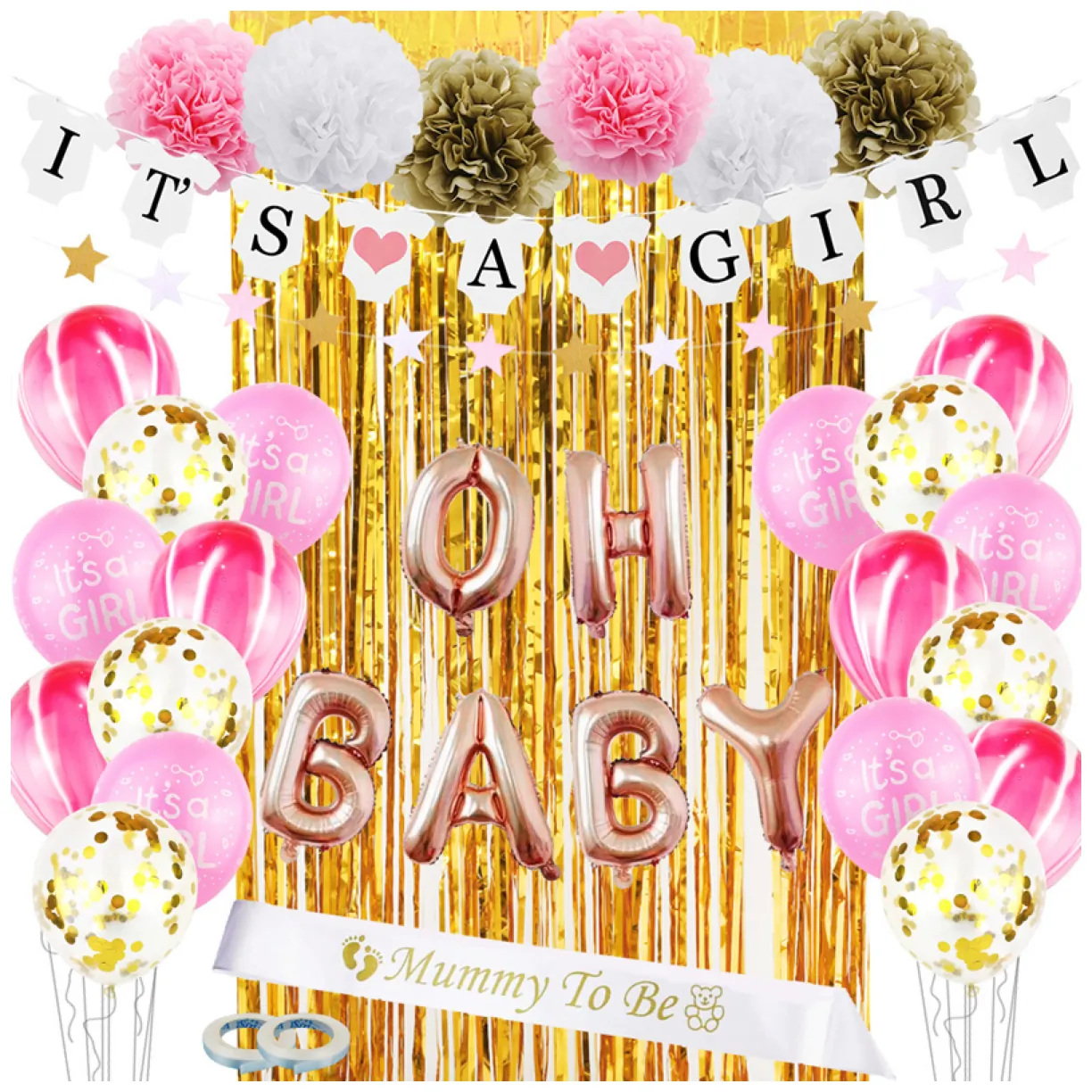 Zestaw balonów i rekwizytów na Baby Shower- "IT'S A GIRL"