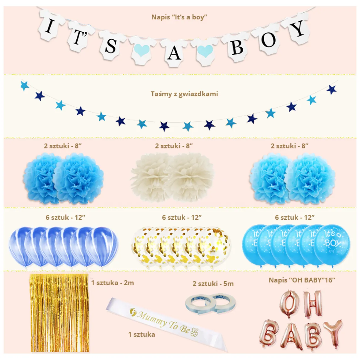 Zestaw balonów i rekwizytów na Baby Shower- "IT'S A BOY" - obrazek 2