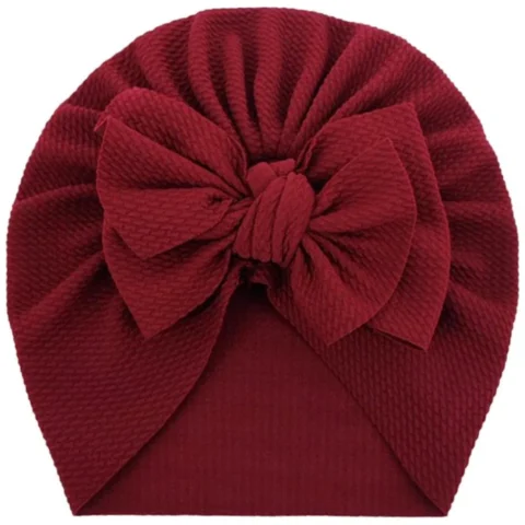 Bordowy turban niemowlęcy z kokardką - modna czapka dla dziewczynki