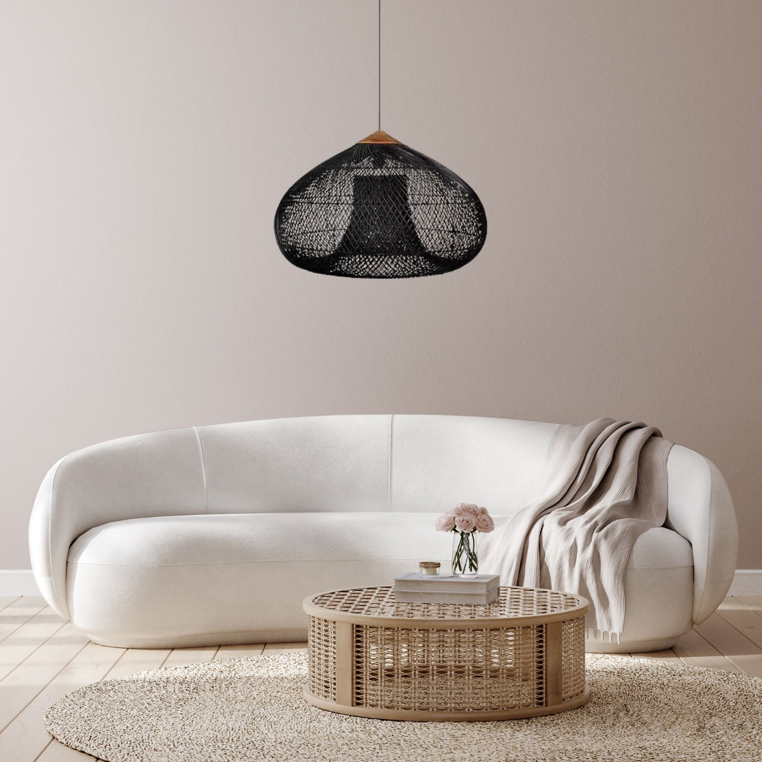 Wisząca lampa rattanowa czarna 50 cm - naturalna, do salonu i sypialni - obrazek 3