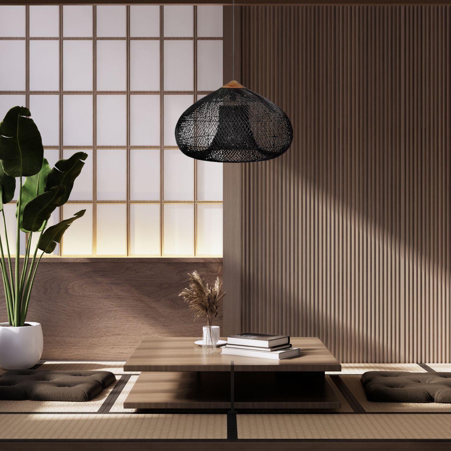 Wisząca lampa rattanowa czarna 50 cm - naturalna, do salonu i sypialni - obrazek 5
