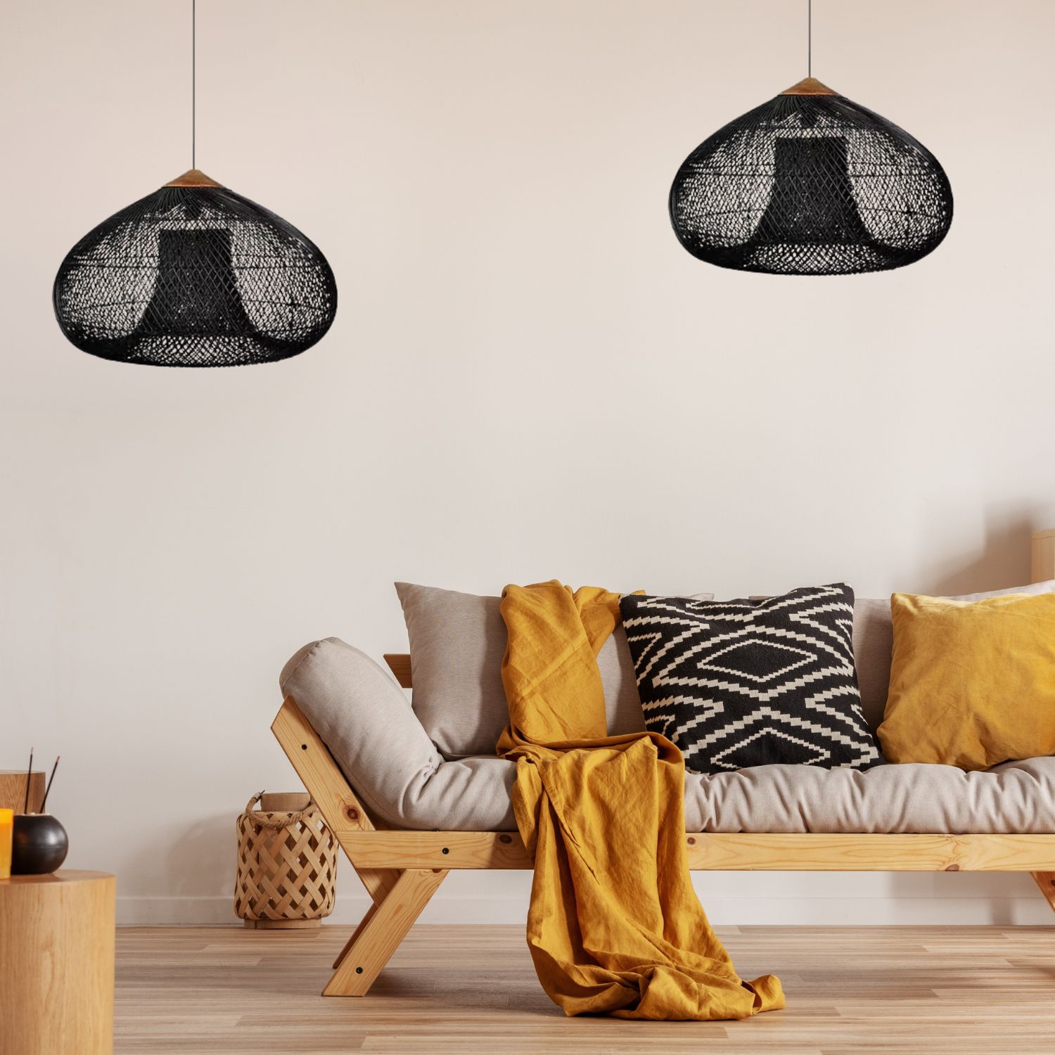 Wisząca lampa rattanowa czarna 50 cm - naturalna, do salonu i sypialni - obrazek 7